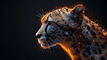 The abstract cheetah is composed of a polygonal geometry triangle with a light connection structure attached to it. The background is a low poly modern.