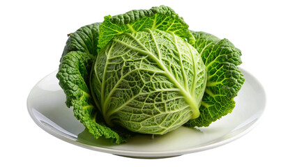 A fresh Cabbage, on a white round plate isolated on Transparent background.