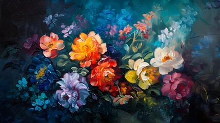 Oil painting of colorful flowers on a dark background
