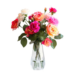 A bouquet of vibrant roses in a clear glass vase, isolated on a white background