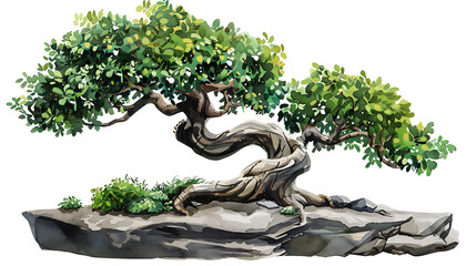 bonsai tree vector art clip art, in the style of cartoon watercolor, white background, hyper-detailed. Generative Ai