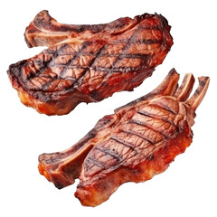 Obraz na płótnie Canvas Grill Pork Chops steaks, realistic 3d brisket flying in the air, grilled meat collection