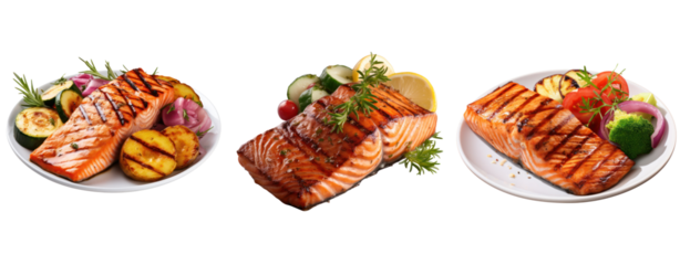 Grilled salmon steak with vegetables on transparent background