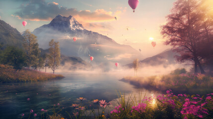 Alpine Landscape with Balloons and Flowery Meadows - obrazy, fototapety, plakaty
