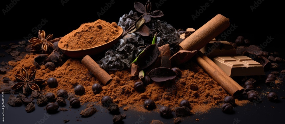 Poster a collection of cinnamon, cloves, and various spices arranged in a heap on a table surface