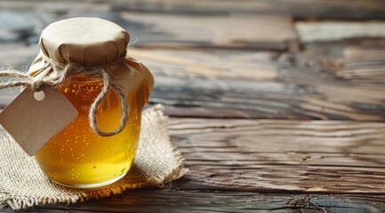 A jar of honey with an empty tag on a wooden background, leaving space for text. product presentation, promotion banner or ad