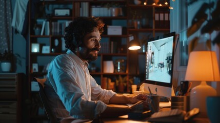 Creative Professional at Workstation, designer focuses intently on his screen in a home office environment, illuminated by the soft glow of his monitors during a productive late-night session