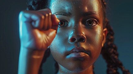 Defiant Spirit: Child's Fist and Gaze, powerful close-up captures a child’s eyes glistening with determination, fist raised in resilience, symbolizing strength and the fight for civil rights - obrazy, fototapety, plakaty