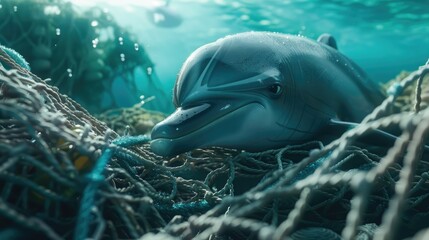Dolphin in Ocean's Plight, poignant underwater scene capturing a dolphin entangled in fishing nets, highlighting the urgent issue of marine life affected by human waste
