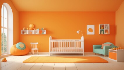 3d render of orange baby room interior with crib and toys.