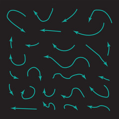 Set of Hand Drawn Arrows, blue Arrows Isolated on black Background, Directional Signs.