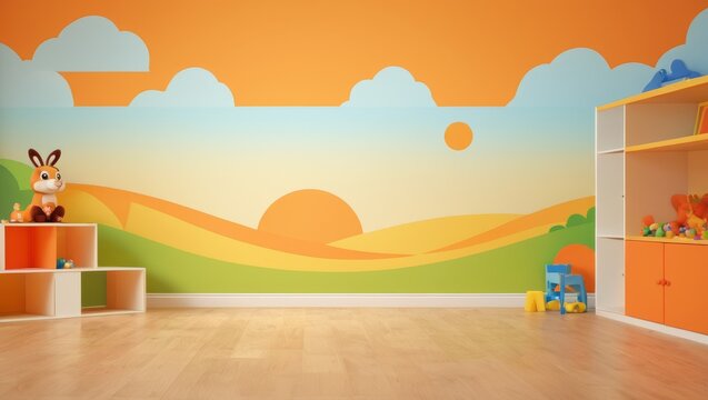 3d render of orange baby room interior with crib and toys.
