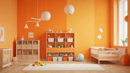 3d render of orange baby room interior with crib and toys. - obrazy, fototapety, plakaty