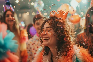 Joyful Celebration with Smiling Woman at Confetti Filled Festive Party with Friends