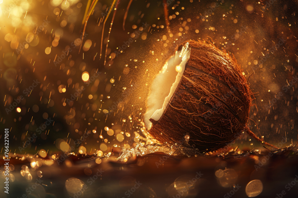 Poster a detailed image of a coconut falling from a tree, water droplets creating a trail behind it