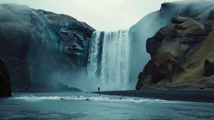 A wide shot of the majestic Skogafoss waterfall in Iceland, showcasing its towering mist and...