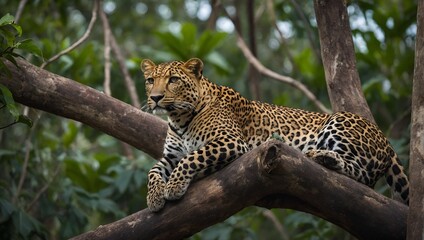 Sri Lankan leopard, Panthera pardus kotiya, Big spotted cat lying on the tree in the nature habitat, Yala national park, Sri Lanka. - obrazy, fototapety, plakaty