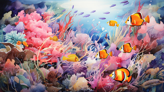 Colorful watercolor illustration of dynamic coral reef alive with tropical fish, anemones, and diverse marine plant life, capturing the underwater world's beauty.