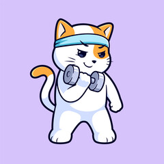 Cute cat workout with dumbbell cartoon vector icon illustration. Flat style animal cartoon logo