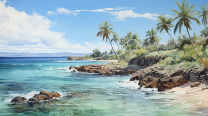 Artistic portrayal of tranquil tropical beach painted in watercolor, capturing sunset hues, palm trees, and majestic ocean waves.