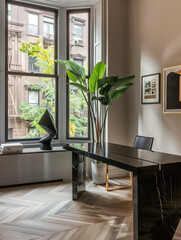 Villa office, black desk, and chair, large window with a view of brownstone buildings across the street, plant in the corner, herringbone wood floor, art on the wall, modern minimalist style.