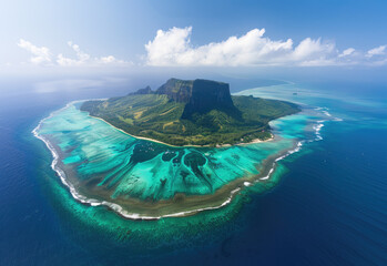 Aerial view of Le Morne Mountain on Mauritius island, in the center is an archway formed by a coral reef  - obrazy, fototapety, plakaty