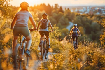 Fototapeta premium Active Family on Bicycles on a Scenic Nature Trail during Golden Sunset Healthy Lifestyle Concept