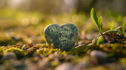 Obraz premium A stone with the inscription Earth Day in greenery, on which there is an earth and small plants around it. Green background. Concept of environmental protection. Green leaves in the foreground