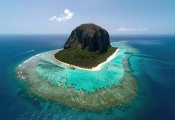 Fotobehang Le Morne, Mauritius Aerial view of Le Morne Mountain on Mauritius island, in the center is an archway formed by a coral reef 