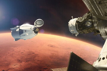 Obraz premium Cargo spacecraft in low-Mars orbit. Elements of this image furnished by NASA.