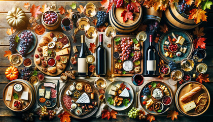 Top-down view of an autumn wine tasting event, featuring red and white wines, cheese platters, cured meats, and grapes, set in an elegant vineyard or wine cellar