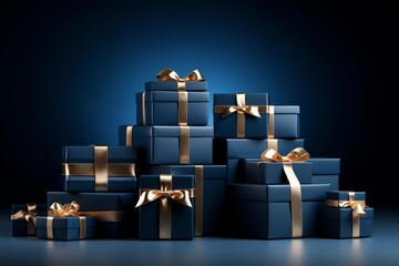 Gift concept. Blue boxes with gifts on a blue background. Close-up.