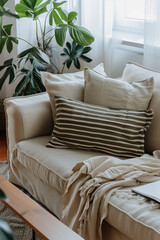 Fototapeta na wymiar A striped cushion on the sofa, beige linen fabric with black and white stripes, natural light, green plants in front of the window, warm colors, soft lighting, closeup shots, a comfortable atmosphere.