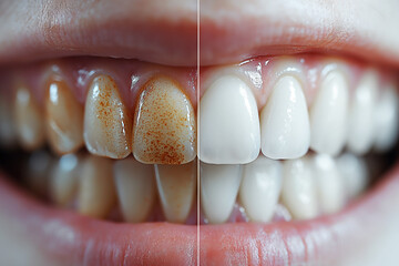 male open mouth with unhealthy teeth before and after dental whitening procedure, caries treatment and plaque removal close-up
