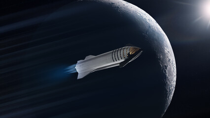 Heavy Starship is flying in outer space on big Moon background. Elements of this image furnished by...