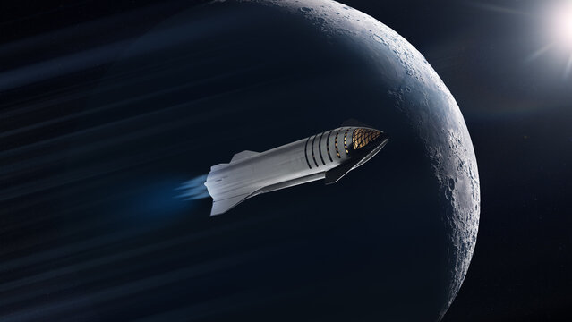 Heavy Starship is flying in outer space on big Moon background. Elements of this image furnished by NASA.