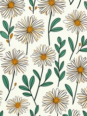 Daisy pattern, hand draw, simple line, green and gray.