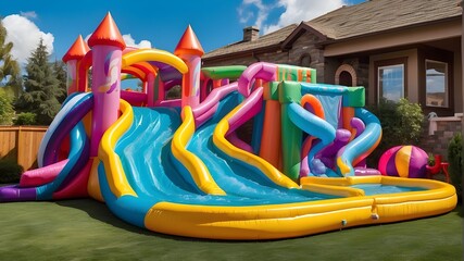 Fototapeta na wymiar Water slide with an inflatable bounce house for the backyard, colorful bouncy castle for kids' play area.