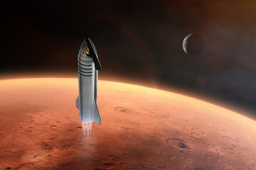 Heavy Starship take off mission from Mars planet. Elements of this image furnished by NASA.