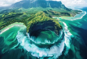 Naadloos Fotobehang Airtex Le Morne, Mauritius Aerial view of Le Morne Mountain on Mauritius island, in the center is an archway formed by a coral reef 