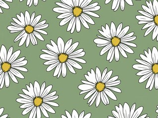 Daisy pattern, hand draw, simple line, green and gray.