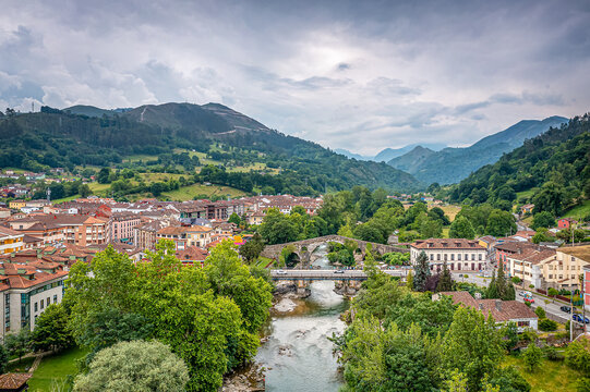 Aerial View Over Cangas de On&iacute;s, Asturias, Picos de Europa , Spain