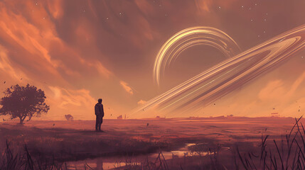 Solitary Figure Contemplating the Grandeur of an Alien Landscape