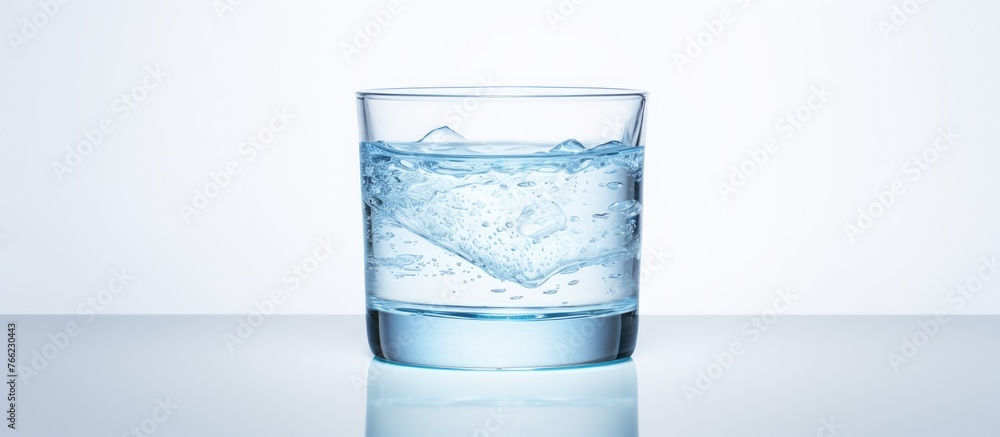 Poster glass filled with clear water and featuring a heart-shaped ice cube floating inside