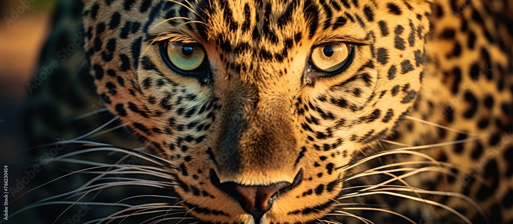 Wall mural a close up of a felidae organism, the african leopard, showcasing its green eyes and whiskers in its