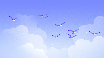 Blue cloudy sky and flying birds on blue Illustrated background