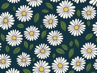 Daisy pattern, hand draw, simple line, green and indigo