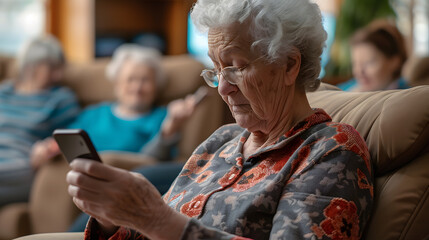 a grandmother with mid length white hair looking into her mobile phone while sitting in a chair in the living area of a senior center - obrazy, fototapety, plakaty