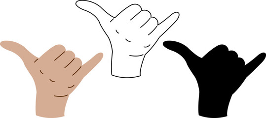 The hand shows the shaka sign. Vector image in color, black outline, silhouette. © Tati Star