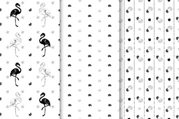 A set of seamless patterns with flamingos, shells and sea stars. Black and white, contour.